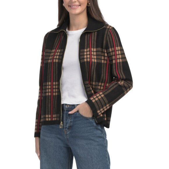 ANNE KLEIN BLACK MULTI Long Sleeve Convertible Collar Zip Jacket - Picture 1 of 2